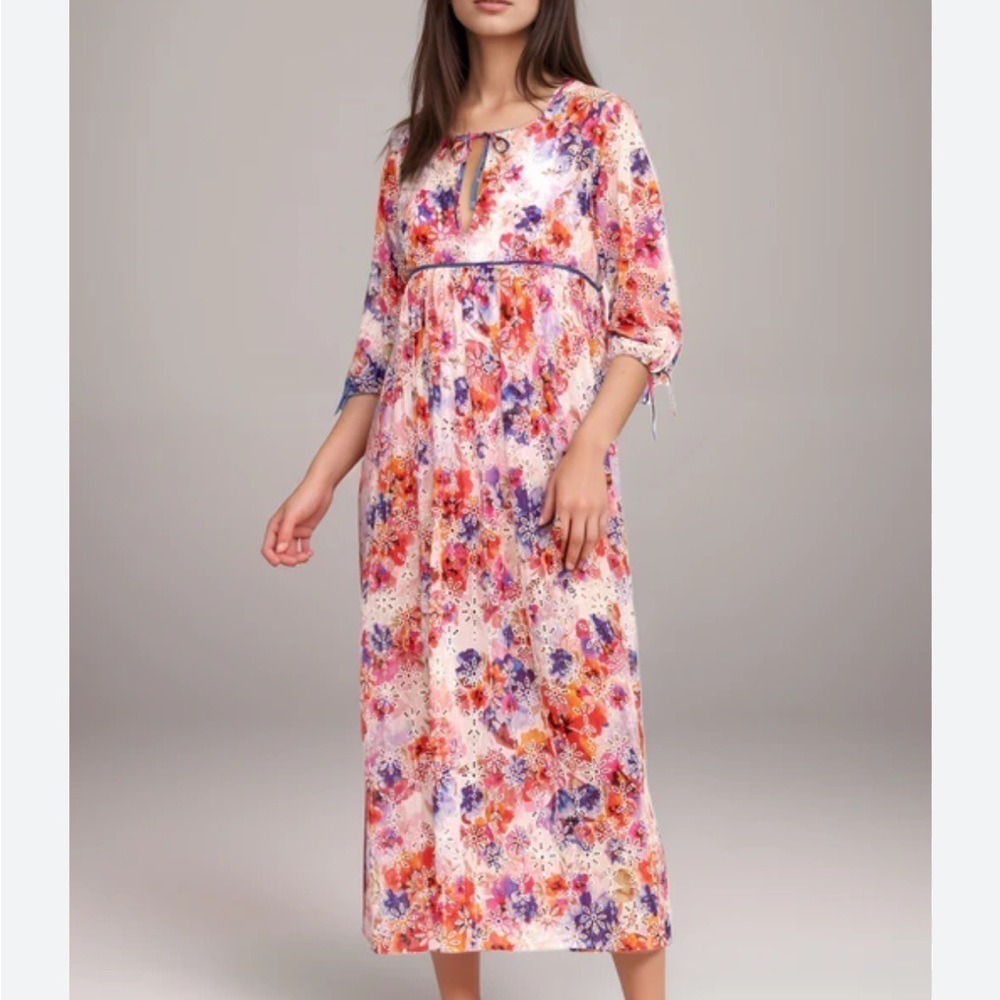Johnny Was SUMMER DAYS EYELET MIDI‎ DRESS Colorful Pink Size XS NWT